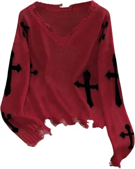 Women's Graphic Sweaters V Neck Long Sleeve Distressed Sweaters Raw Hem Knitted Pullover Top
