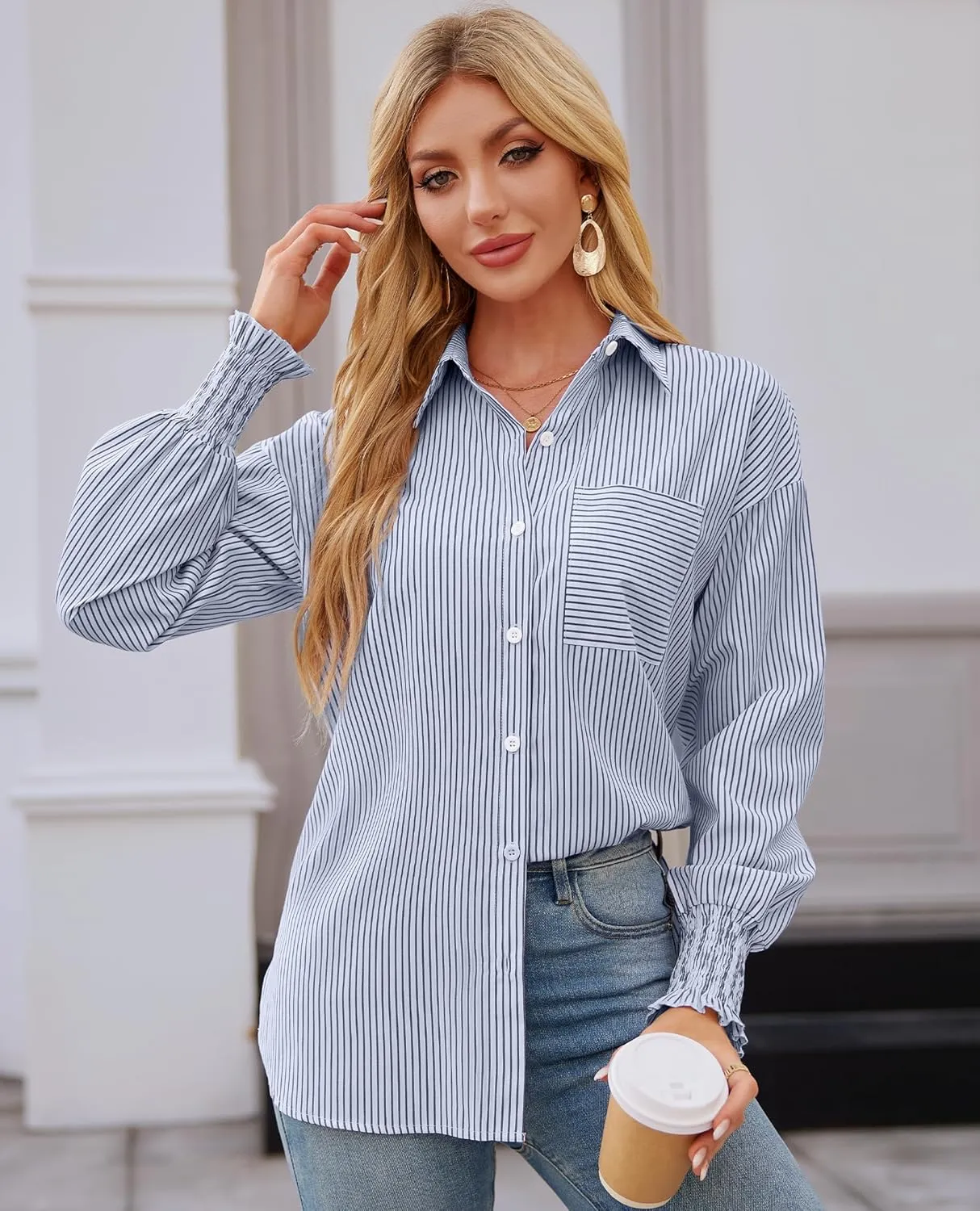 Womens Striped Button Down Shirts Smocked Long Puff Sleeve Oversized Boyfriend Blouses Loose Pocket Office Work Tops