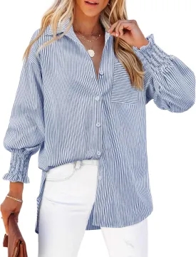 Womens Striped Button Down Shirts Smocked Long Puff Sleeve Oversized Boyfriend Blouses Loose Pocket Office Work Tops