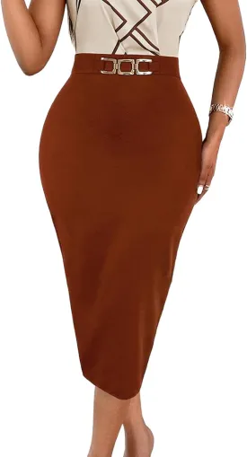 Women's Summer Work Office Skirt High Waist Below Knee Business Casual Midi Bodycon Pencil Skirts 654