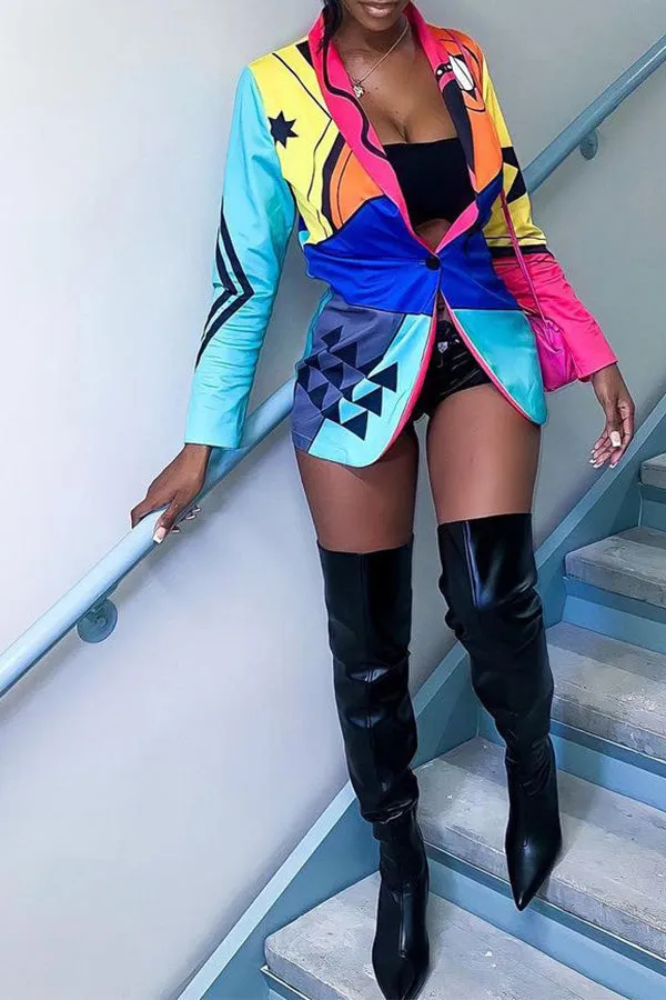 xiangtuibao Graphic Print Bright Single Breasted Coat