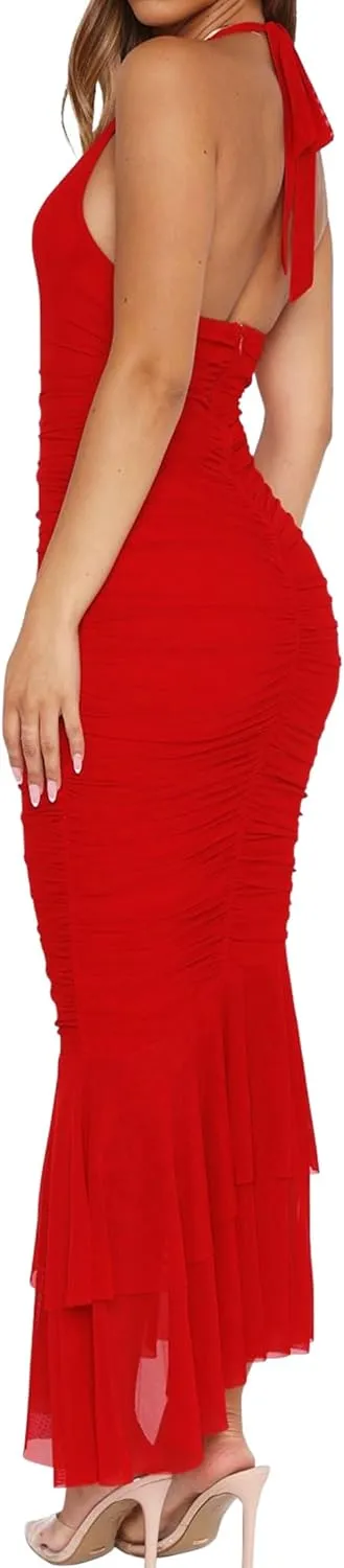 YFANG Women's Sexy Ruffle Hem Halter Deep V Neck Ruched Sleeveless Mesh Bodycon Cocktail Party Maxi Dress