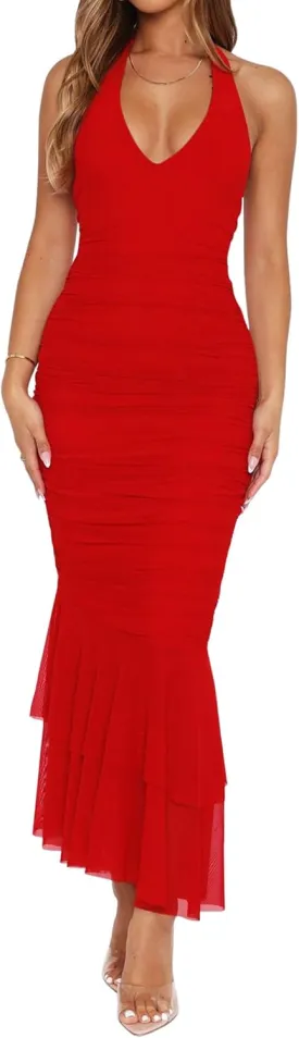 YFANG Women's Sexy Ruffle Hem Halter Deep V Neck Ruched Sleeveless Mesh Bodycon Cocktail Party Maxi Dress