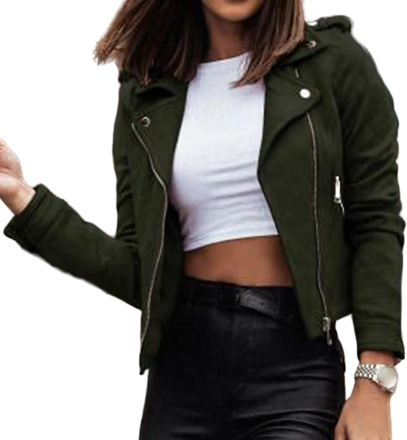 ZWRXW Faux Suede Leather Coats for Women Casual Asymmetric Zip Lapel Short Outwear Fall Fashion Moto Biker Jacket Coats